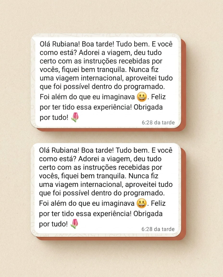 Arte com depoimento de viajante sobre a primeira experiência internacional