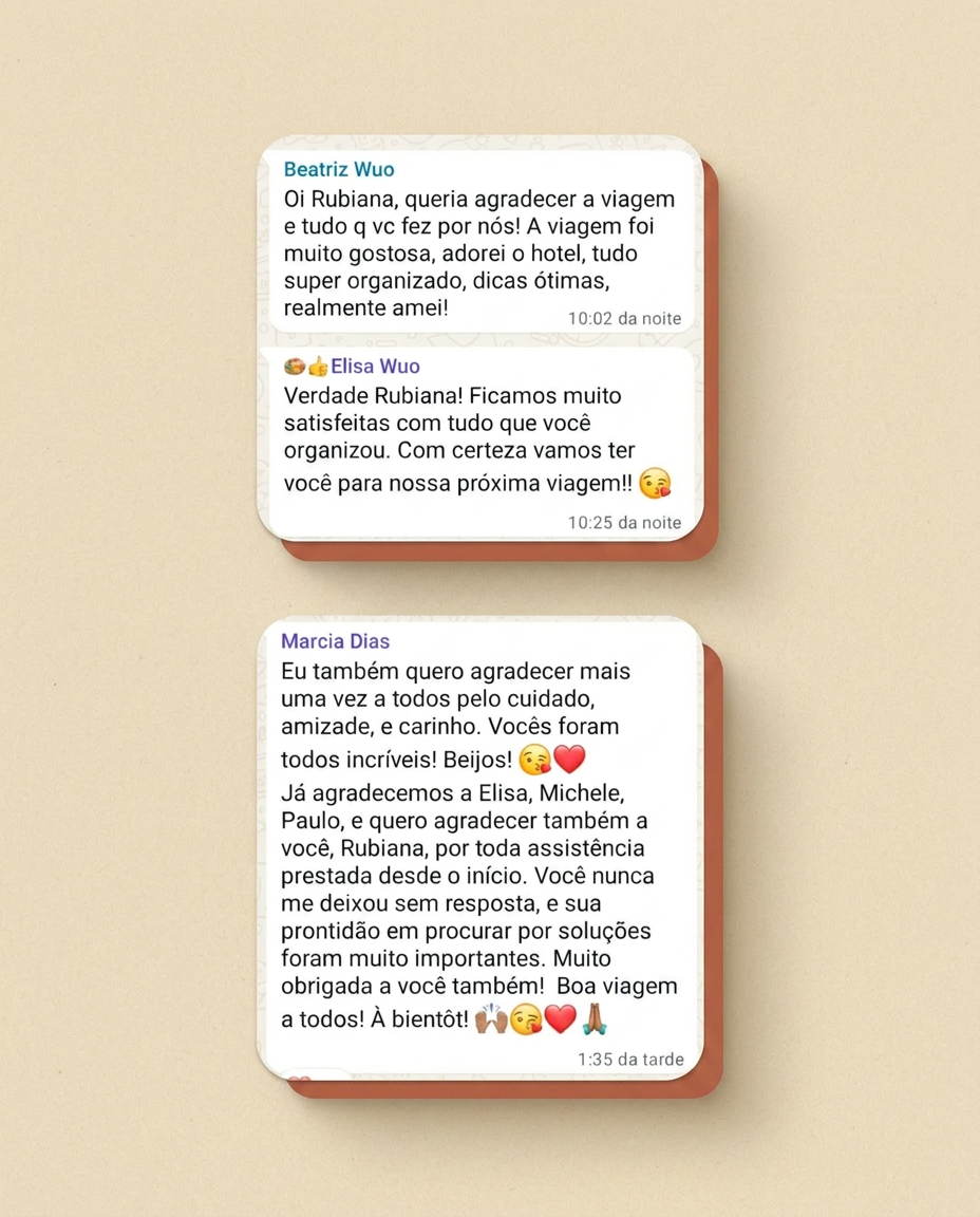 Arte com mensagens de clientes agradecendo pela assistência da viagem